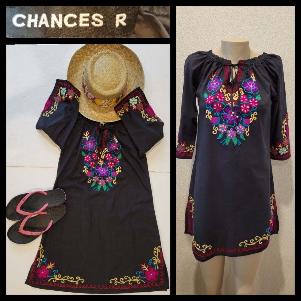 Chances R embroidered swim cover caftan mini dress s
